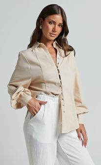 Kiva Blouse - Linen Look Long Sleeve Button Up Blouse in Beige