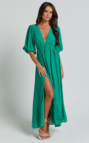 Wisteria Midi Dress - Plunge Neck 3/4 Puff Sleeve Thigh Split Open Tie Back Dress in Green