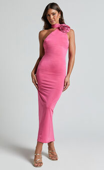 Alvera Maxi Dress - Rosette Neck Tie Detail Dress in Pink