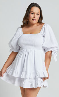 Chelle Mini Dress - Shirred Short Tie Sleeve Dress in White