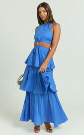 Elly Maxi Dress - Tiered Ruffle Cut Out Dress in Blue | Showpo