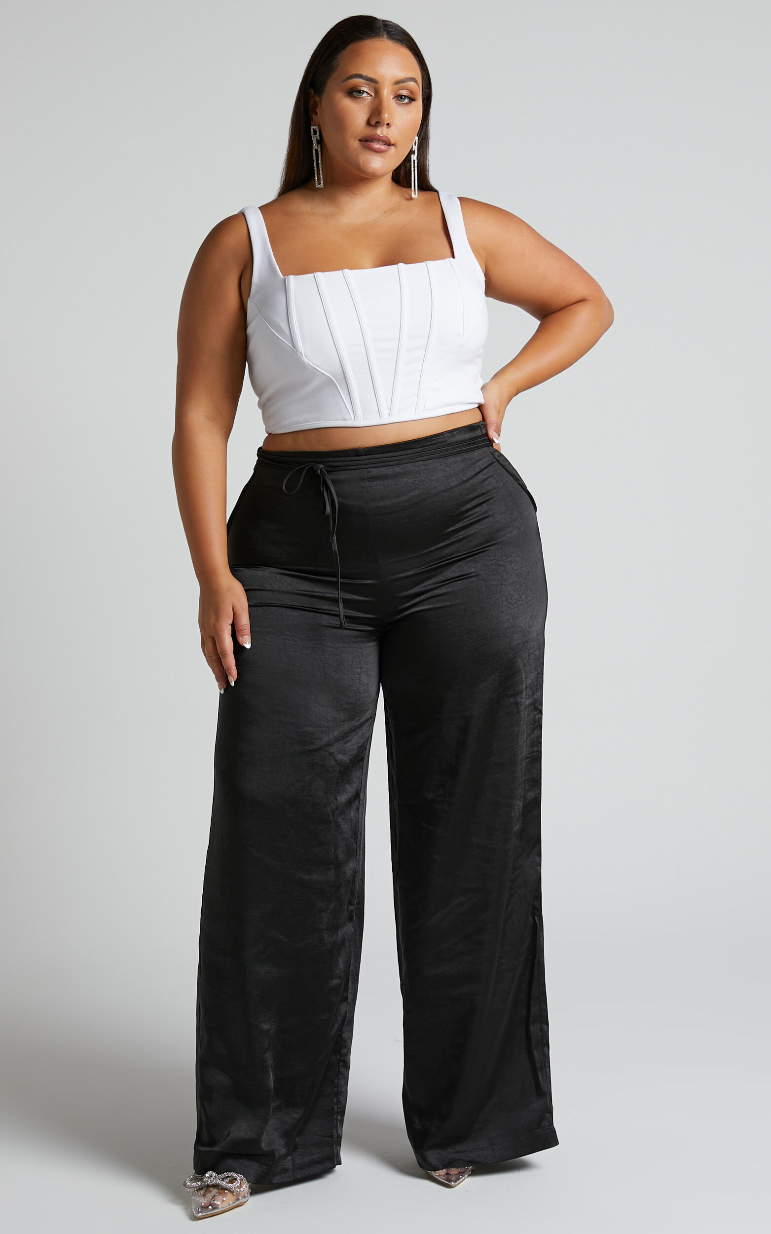 Almaeh Pants High Waisted Tie Waist Wide Leg Satin Pants in