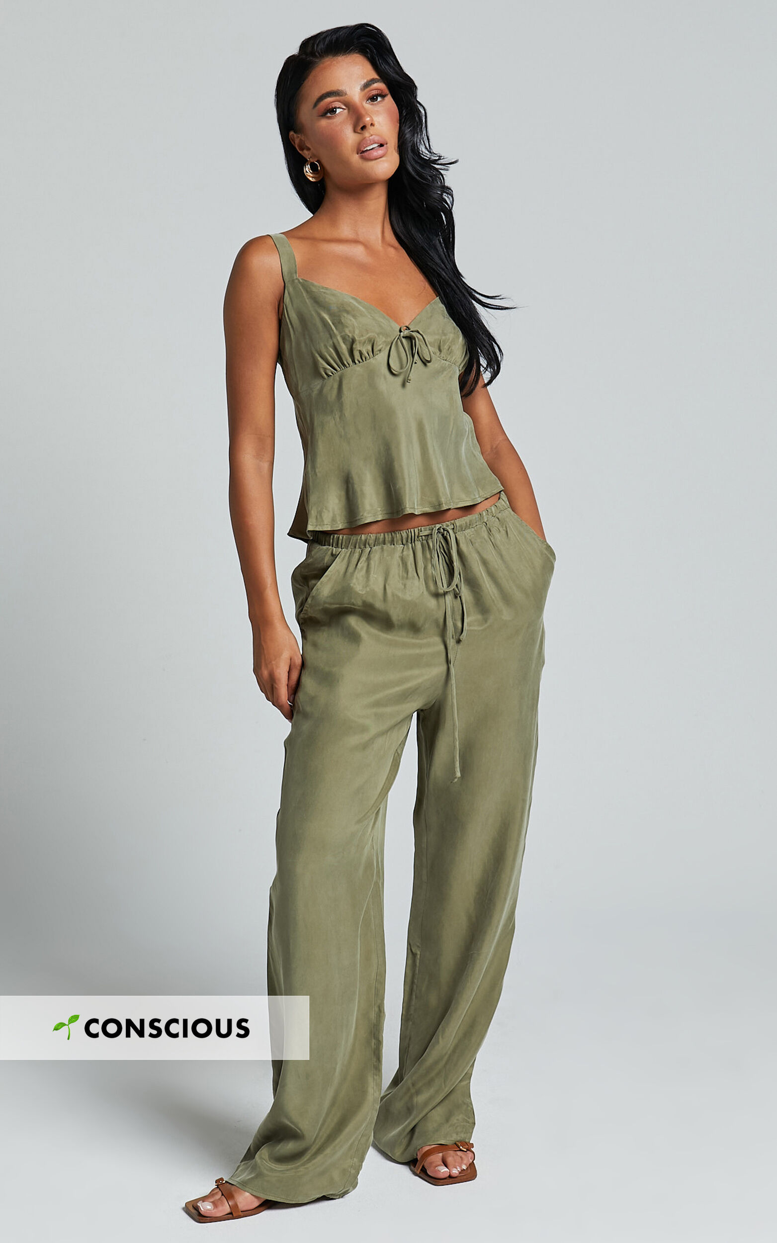 Chaya Pants - Cupro Mid Rise Relaxed Drawstring Pants in Moss - 06, GRN1