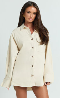 Tiffany Top - Long Sleeve Oversized Utility Button Down Shirt in Stone
