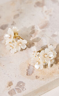 Camille Earrings - Pearl Flower Hoop Earrings in Shell