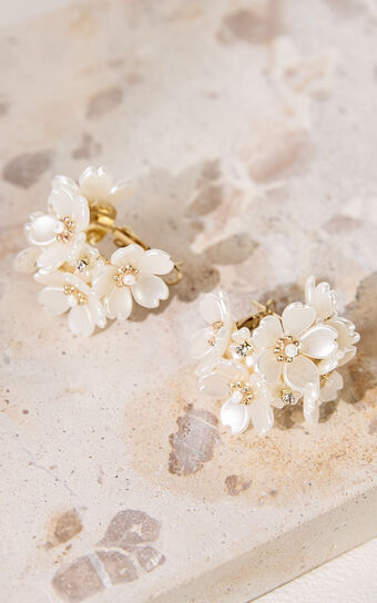 Camille Earrings - Pearl Flower Hoop Earrings in Shell