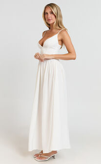 Jamilla Maxi Dress - Plunge Drop Waist High Leg Split Dress in Off White