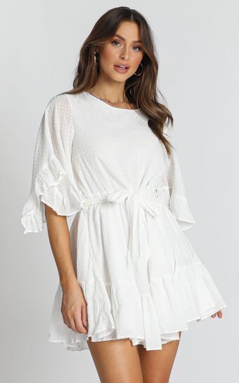 Adrianna Ruffle Mini Dress in White