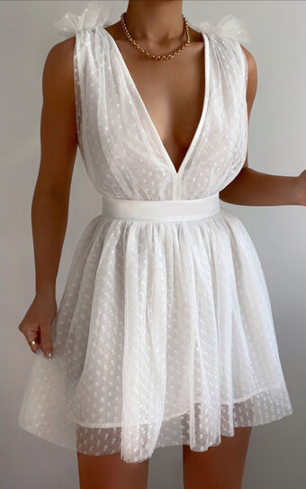 Mariabella Mini Dress - Tulle Plunge Dress in White Showpo