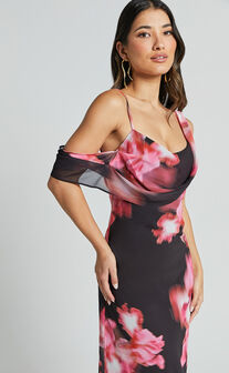 Jeanie Maxi Dress - Cowl Neck One Shoulder Slip Dress in Daze Print