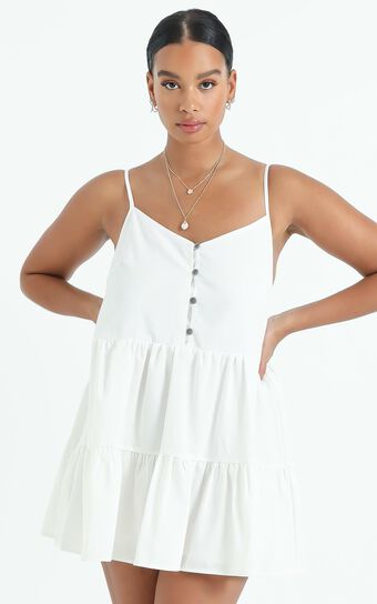 White Sands Strappy Mini Dress In White Linen Look
