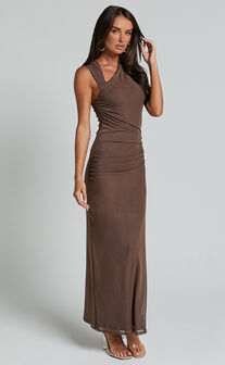 Lara Midi Dress - Asymmetrical Ruched Mesh Dress in Chocolate