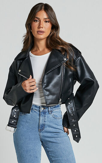 Bertha Jacket - Faux Leather Biker Jacket in Black