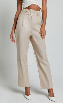 Rhea Pants - Linen Look Belted Straight Leg Pants in Natural