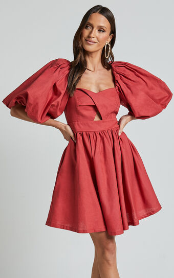 Amalie The Label - Penelopia Linen Blend Puff Sleeve Twist Bodice Mini Dress in Vermilion