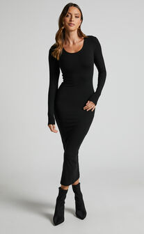 Magnolia Midi Dress - Scoop Neck Bodycon Dress in Black