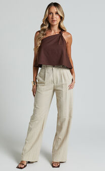 Analia Top - Linen Look One Shoulder Knot Detail Top in Chocolate