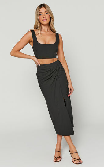 Gibson Two Piece Set - Linen Look Crop Top and Knot Front Midi Skirt Set in Black