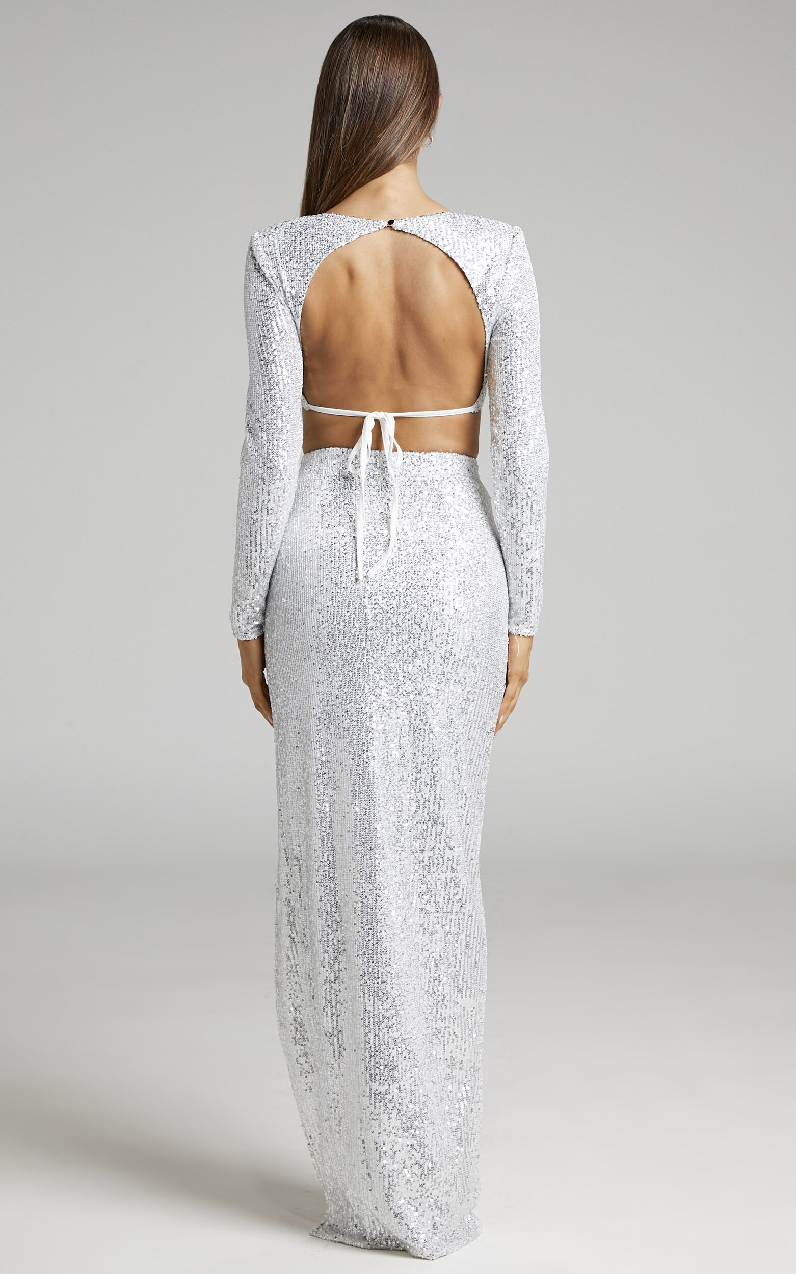 Eliska Two Piece Set Sequin Crop Top and High Slit Maxi Skirt Set in Silver Showpo EU