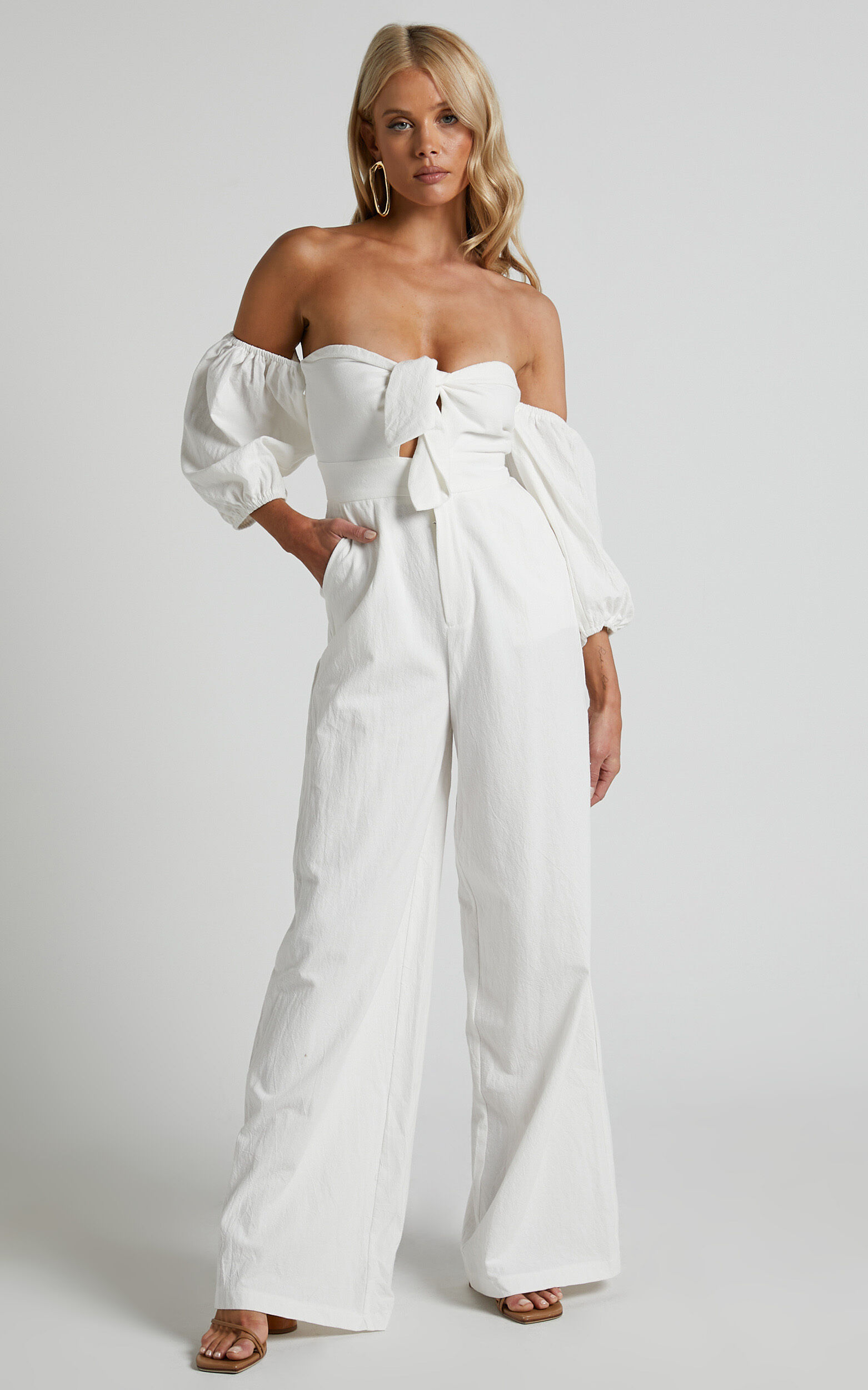 Maja Jumpsuit Front Tie Off Shoulder Jumpsuit in Off White Showpo