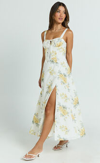 Gretel Midi Dress - Tie Front Corset Leg Split Dress in Antique Florals