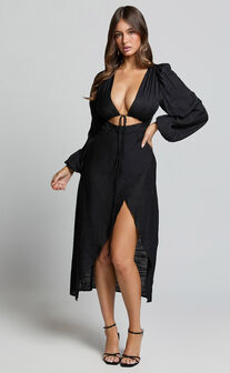 Demieh Midi Dress - Front Cut Out Long Sleeve Dress in Black