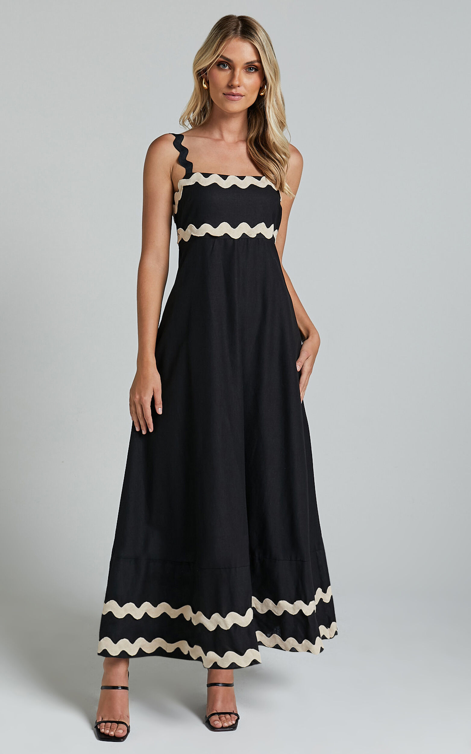Wenalyn Midi Dress Straight Neck Wave Detail A Line Dress in Black with Beige Contrast Trim Showpo EU
