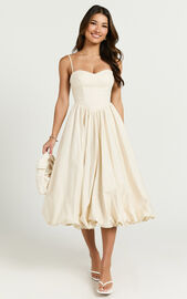 Kara Midi Dress - Strapped Bustier Bubble Hem Dress in Cream | Showpo USA