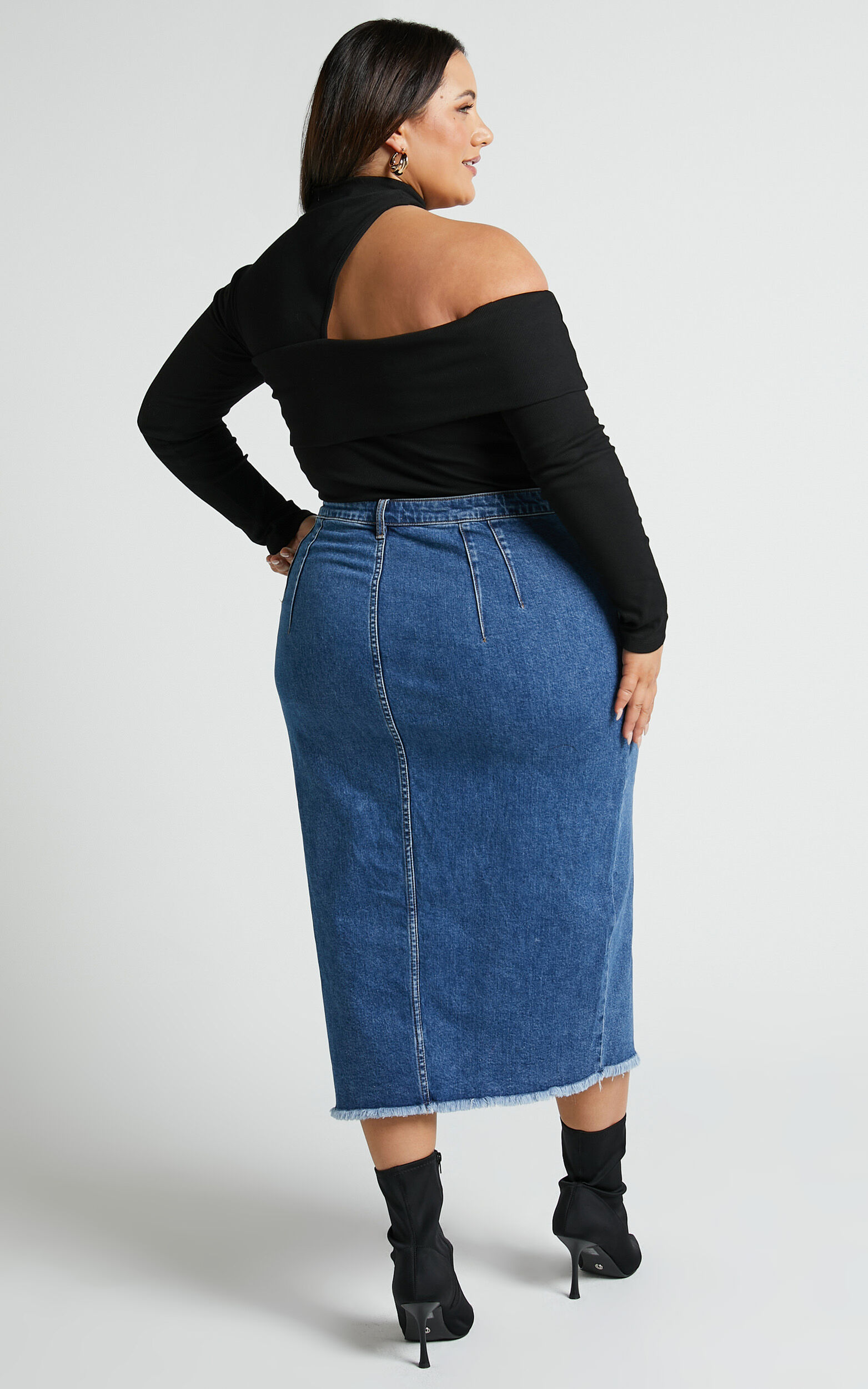 Janeve Midi Skirt - Front Split Denim Skirt in Dark Blue | Showpo