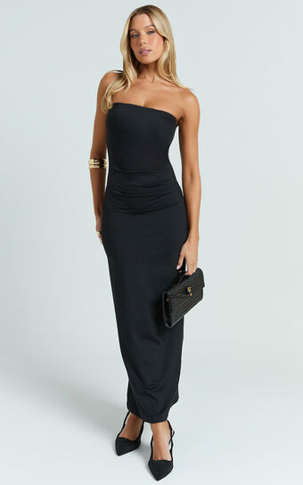 Natasha Midi Dress - Strapless Ruched Column Dress in Black