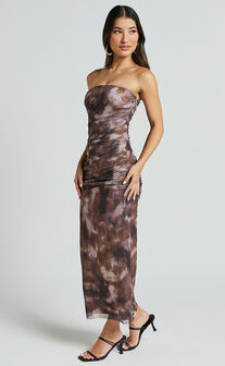 Yazmin Midi Dress - Strapless Ruched Mesh Slip Dress in Rustic Haze Print
