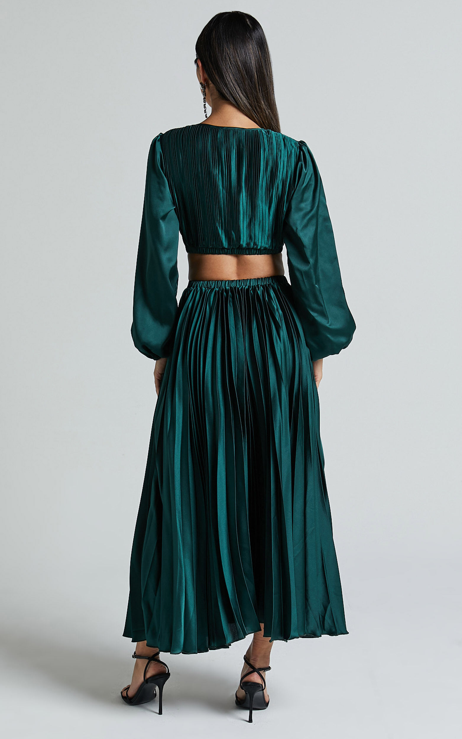 Emerald Green Pleated Midi Skirt High Waisted Winter Pleated