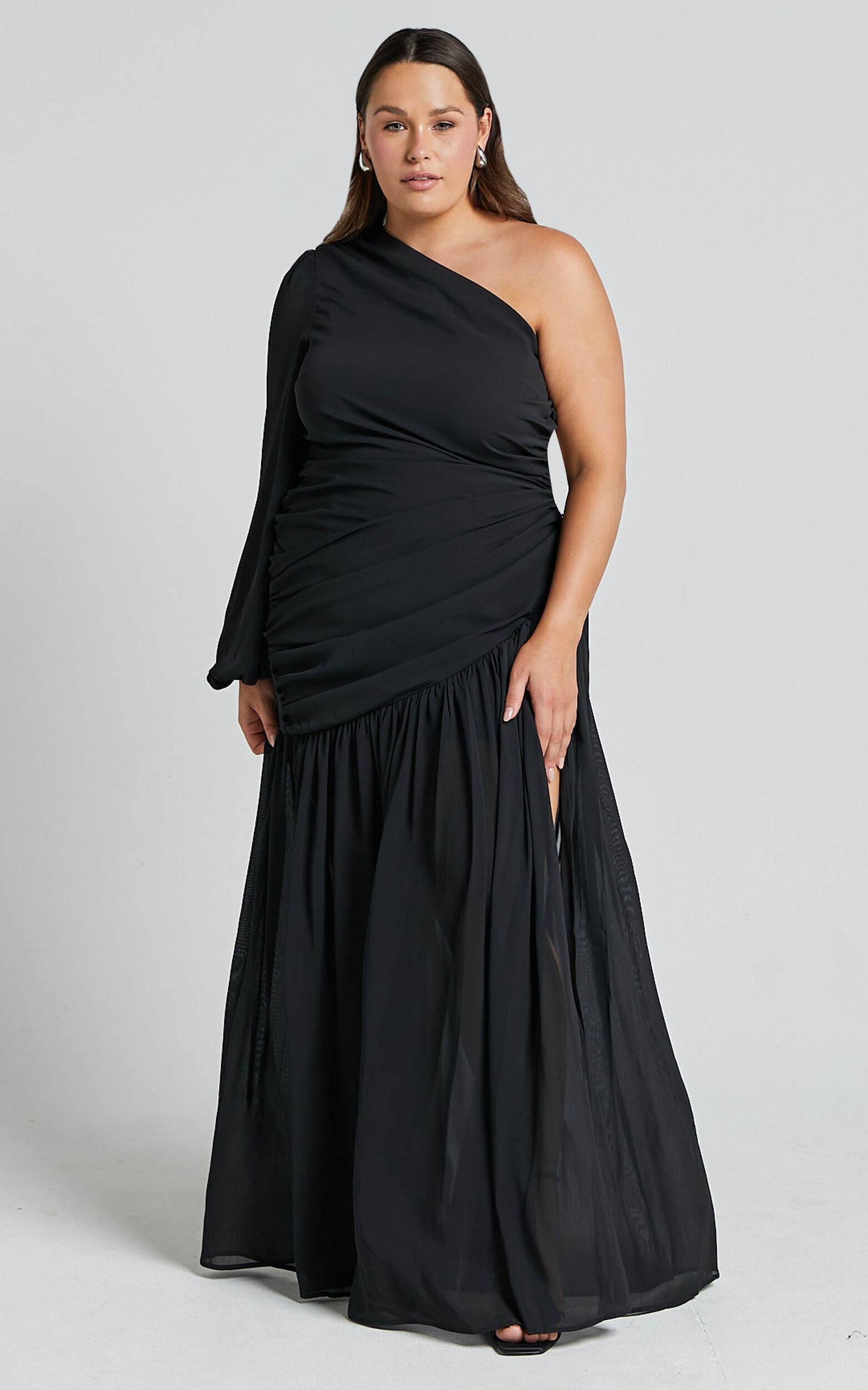 Grittah Midi Dress - One Shoulder Bishop Sleeve High Split