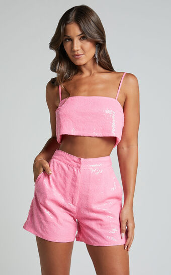 Rayden Shorts - High Waisted Sequin Shorts in Pink