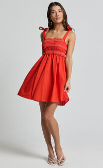 Cloe Mini Dress - Linen Look Tie Shoulder Shirred Dress in Red