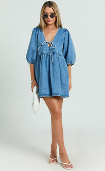 Shailene Mini Dress - Tie Front Puff Sleeve Recycled Denim Dress in Mid Blue Wash