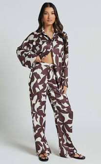 Janissa Pants - High Waisted Wide Leg Pants in Brown Floral