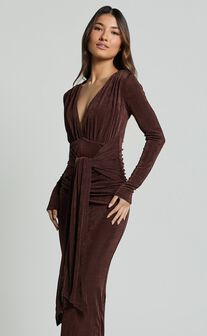 Melanie Midi Dress - Plunge Long Sleeve Tie Front Dress in Chocolate