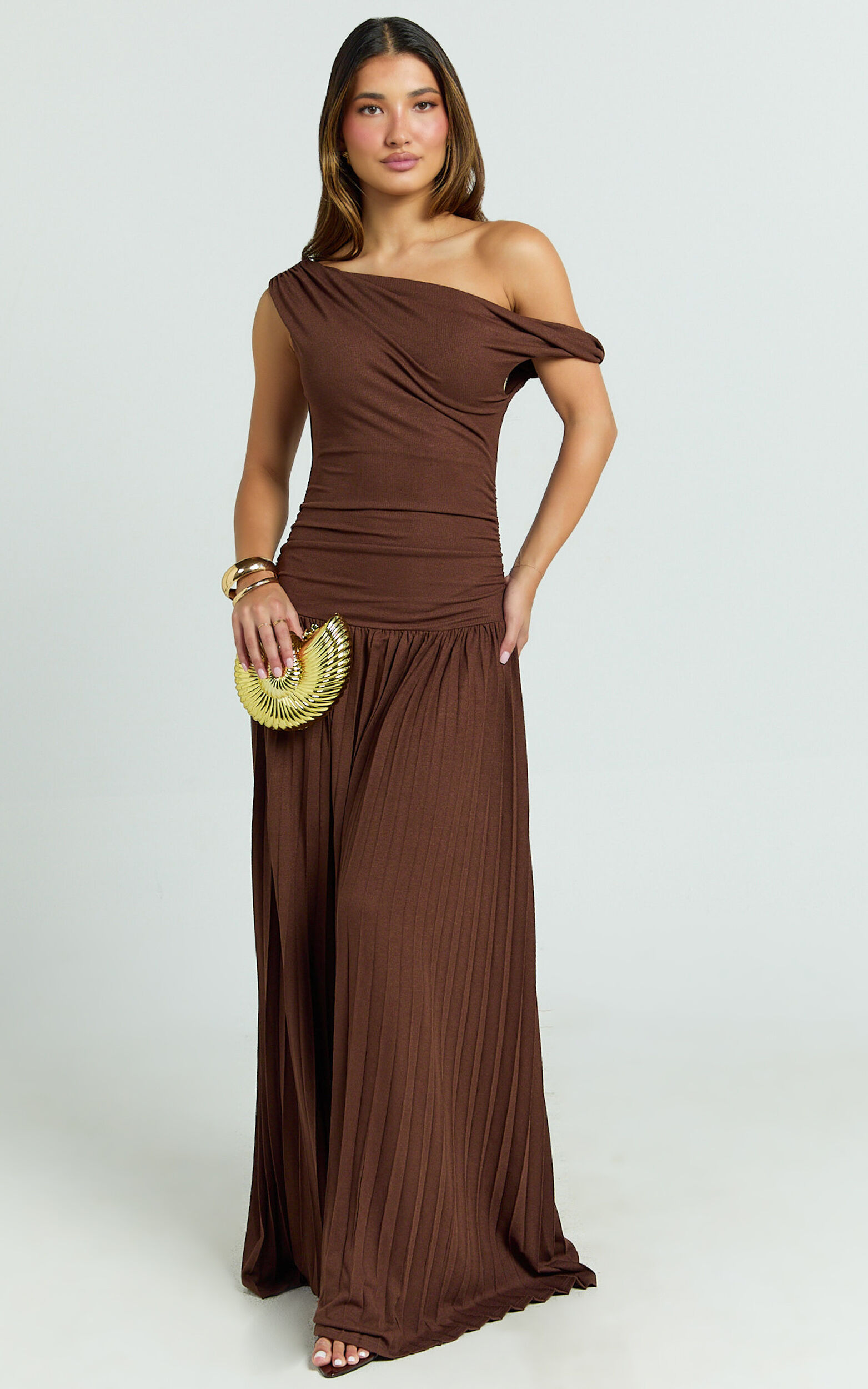Yvonne Maxi Dress - Jersey Tip Shoulder Ruched Dress in Chocolate - 06, BRN1