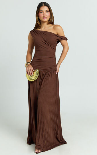 Yvonne Maxi Dress - Jersey Tip Shoulder Ruched Dress in Chocolate