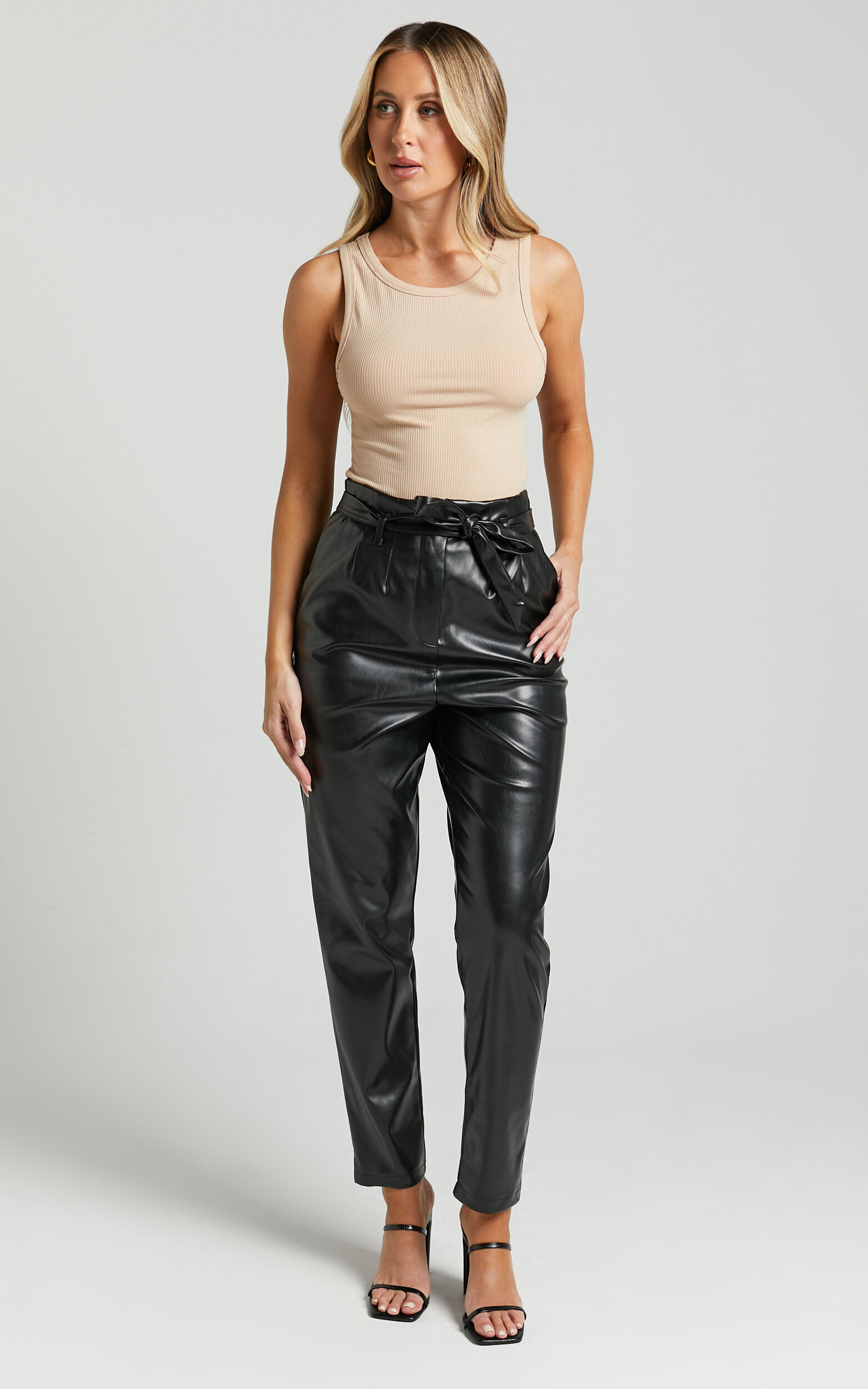 Layton Pants - Paper Bag Waist Faux Leather Pants in Black