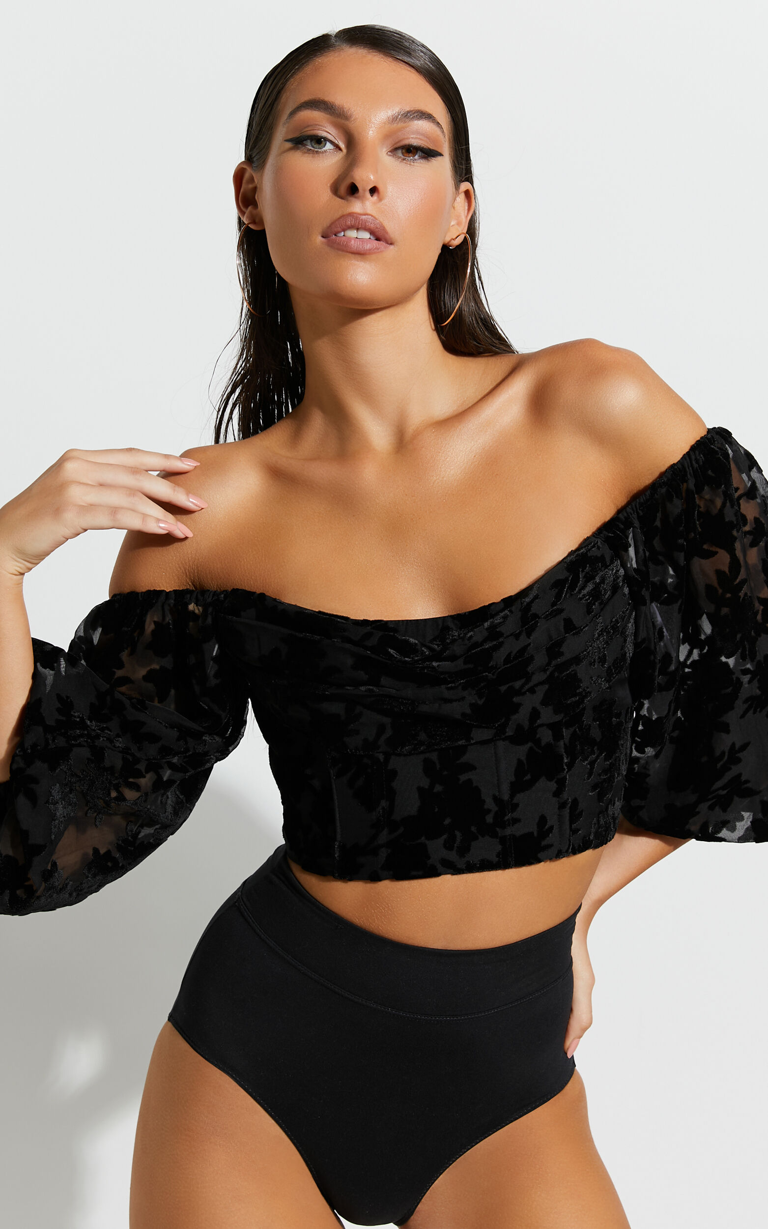 Arisa Top - Off Shoulder Velvet Burnout Long Sleeve Top in Black - 06, BLK1