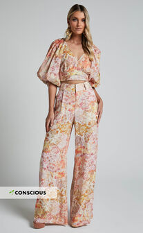 Amalie The Label - Aldina Linen Blend High Waisted Belted Straight Leg Pants in Morocco Print