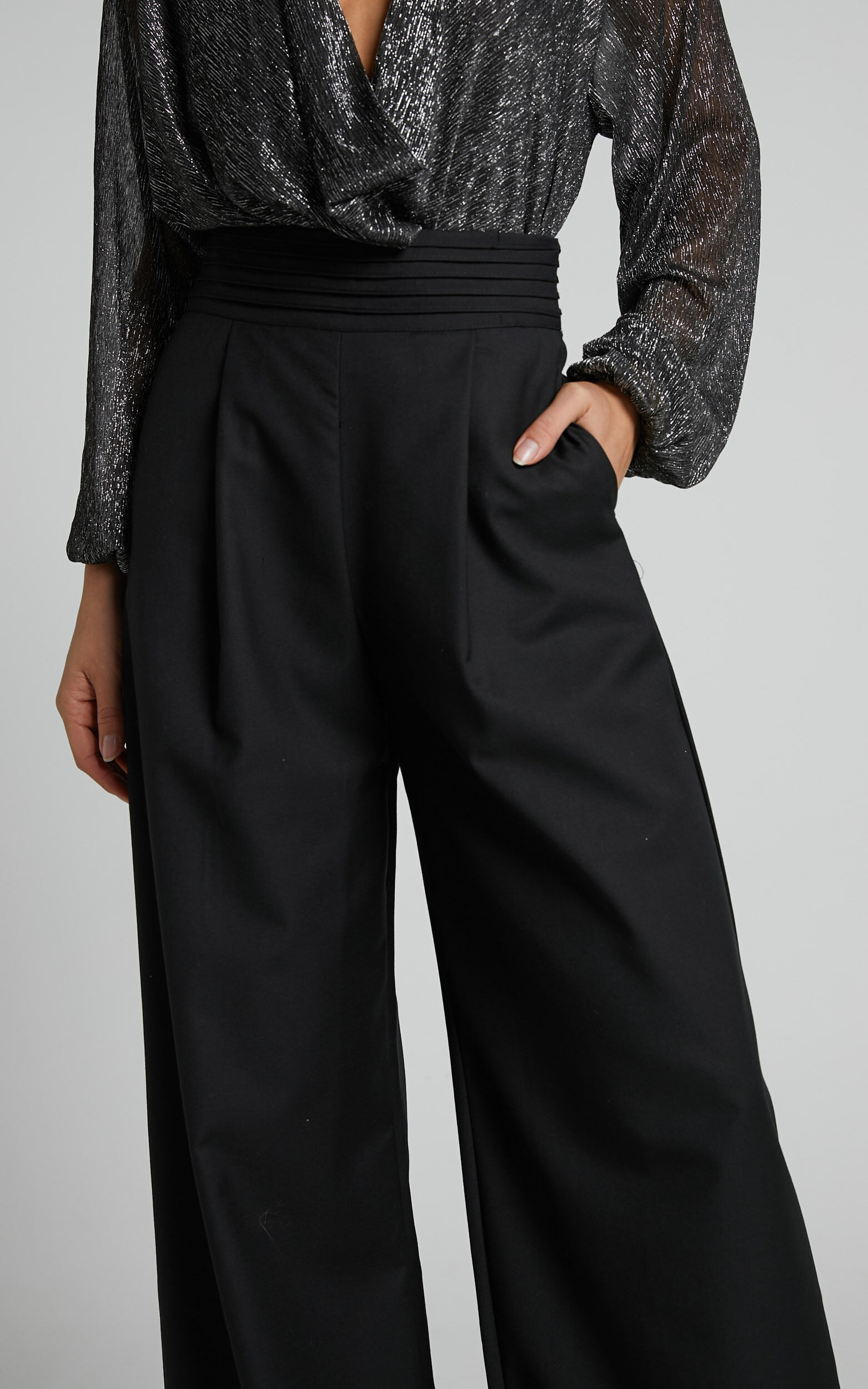 Hirna - High Waisted Pin Tuck Waist Detail Wide Leg Pants in