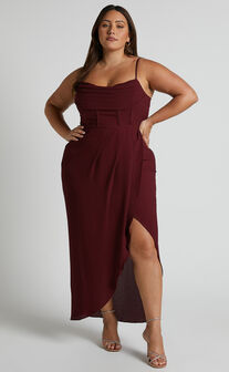 Andrina Midi Dress - High Low Wrap Corset Dress in Wine