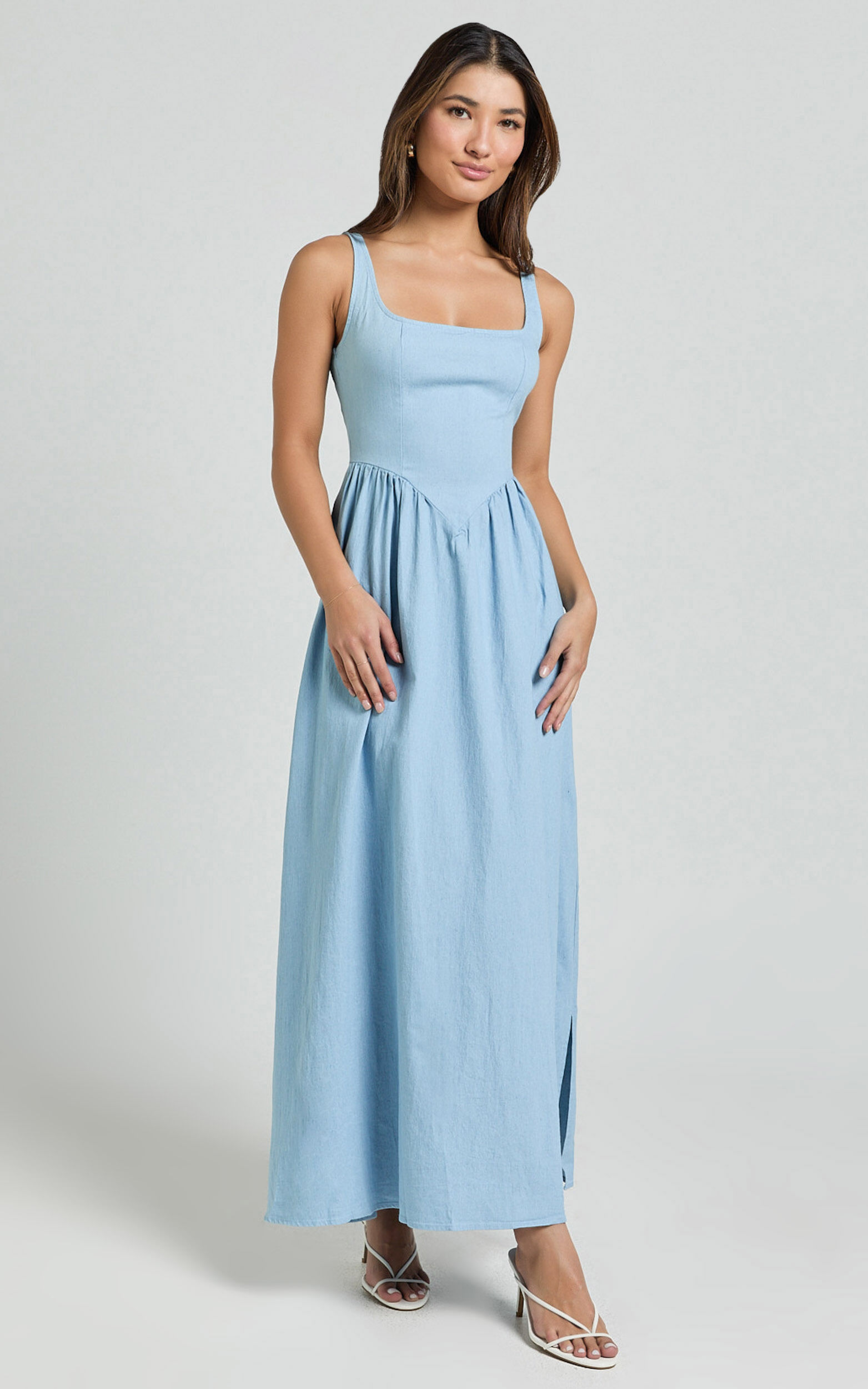 Rhaziya Midi Dress Sleeveless Straight Neck Fit and Flare Dress in Blue Showpo