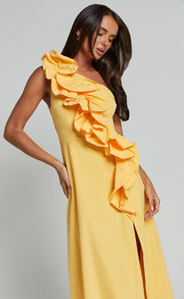 Rita Midi Dress - One Shoulder Ruffle Detail Dress in Yellow