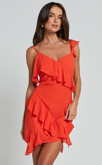 Zaria Mini Dress - Asymmetric Frill Detail Mini Dress in Orange