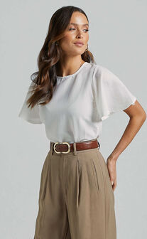 Enzo Top - Flutter Sleeve Scoop Neck Top in White