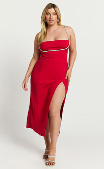 Sharley Midi Dress - Diamante Detail Pencil Dress in Red